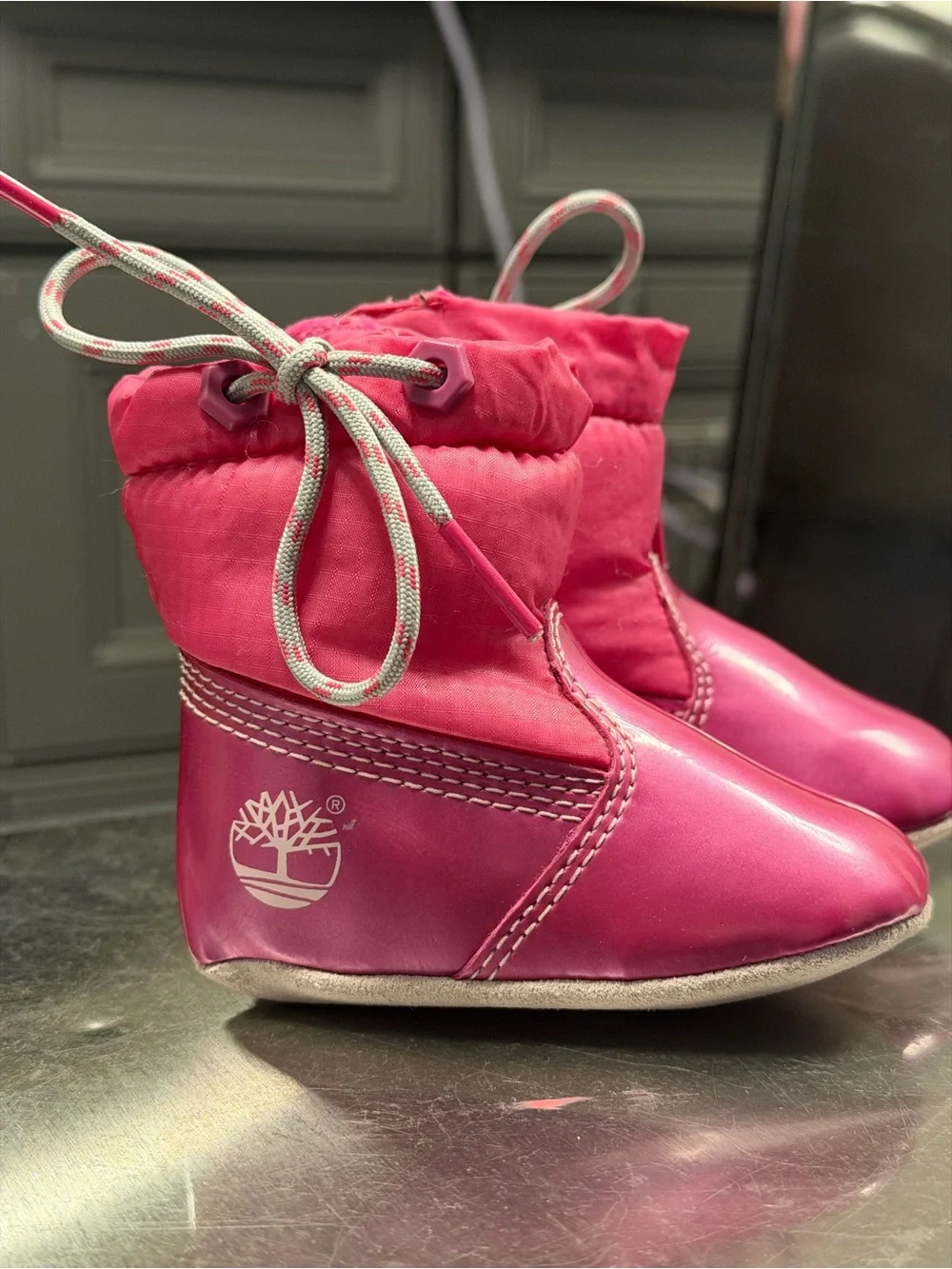 Timberland Pink Leather Ankle Booties Size 1 Fur Lined Draw Cord